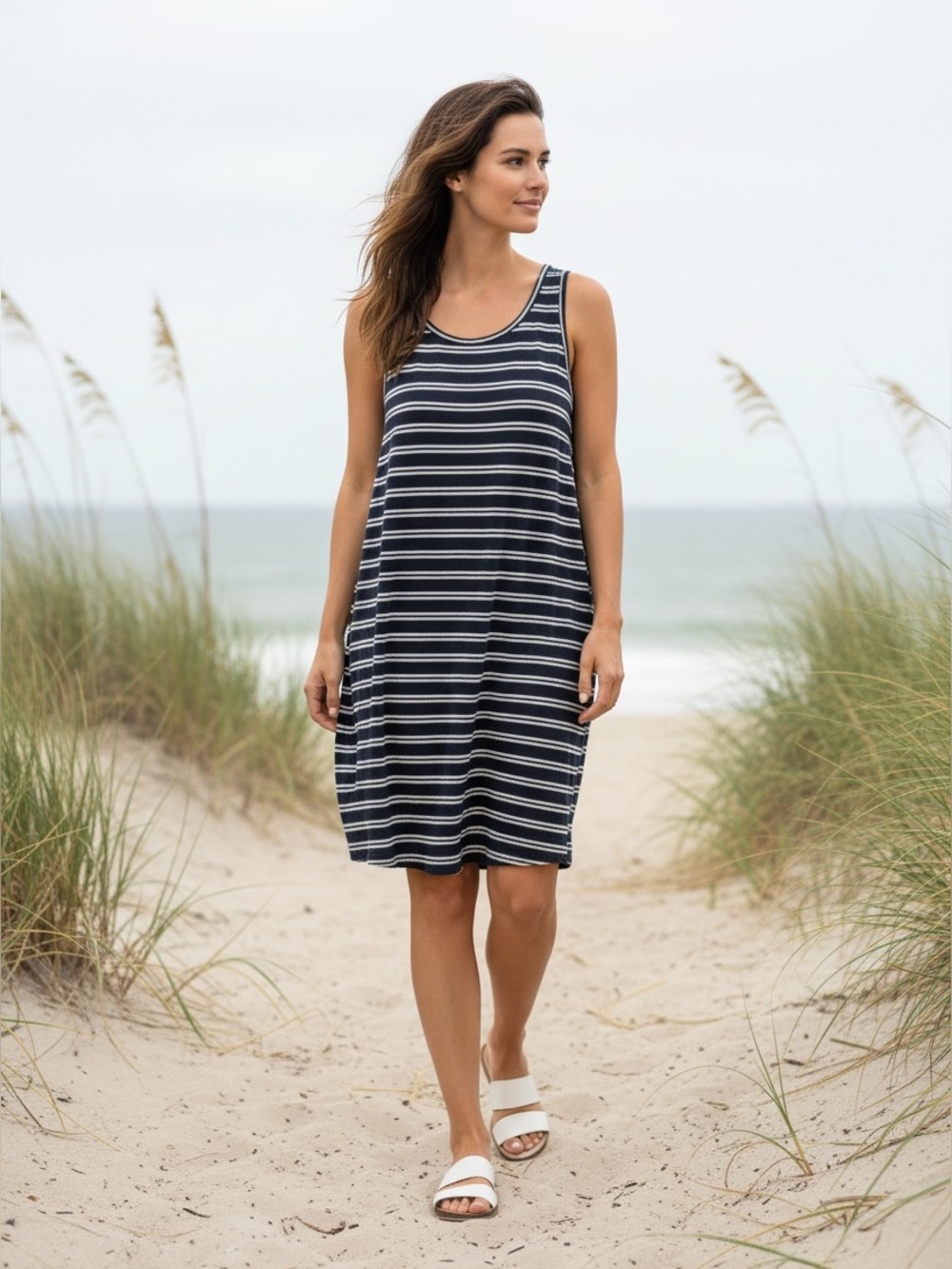 Vince Striped Linen Tank Dress Navy White Large
